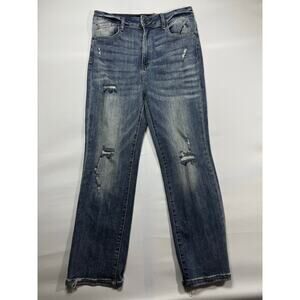 Risen Women's Distressed Straight Blue Stretch Denim Jeans - Size 11/30 (31x27)